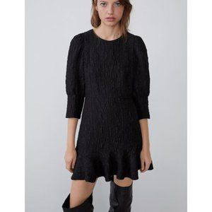 Zara Textured Weave Dress Black Puff Princess Sleeve Ruffle Cut-Out Back Crinkle